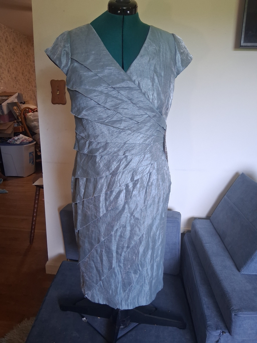 London Times Silver Wrap-Style Tiered Midi Dress